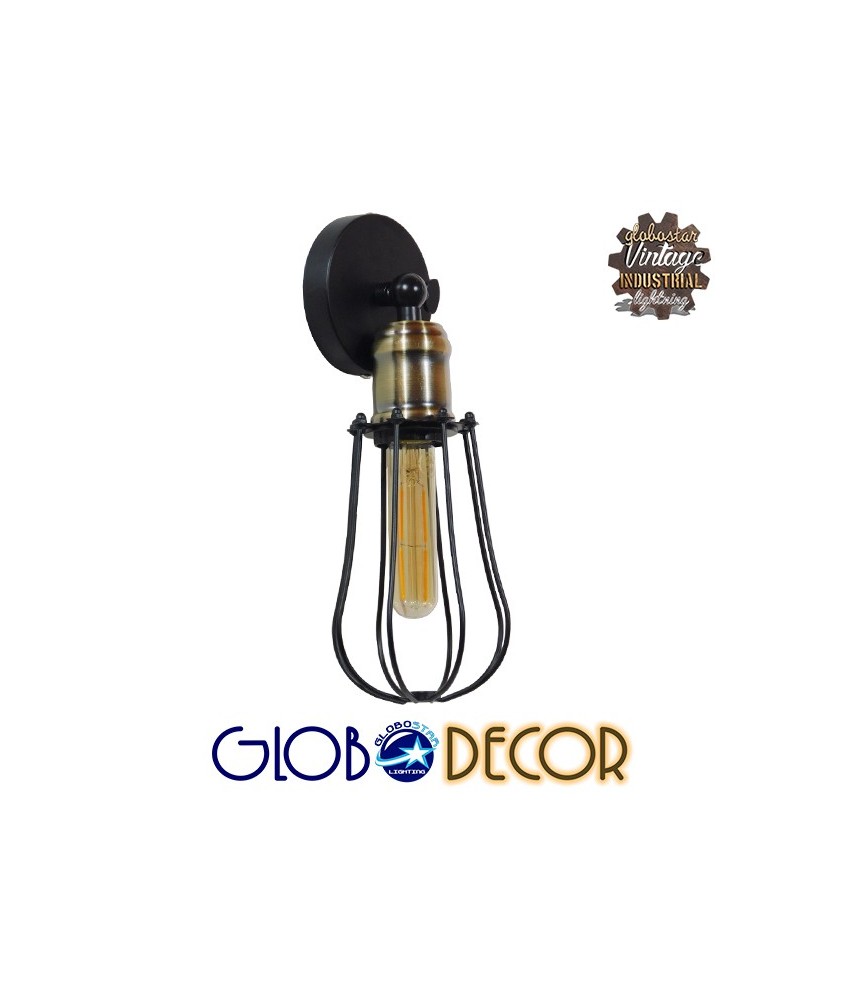 GLOBOSTAR® CATEL 01056 Vintage Φωτιστικό Τοίχου - Απλίκα με Ντουί 1 x E27 AC 220-240V IP20 - Μαύρο & Χρυσό - Μ12 x 15 x Υ32cm